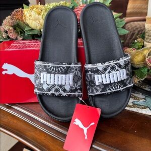 Brand New Puma Zellige Platform Slides Black White Sport Sandals Embroidered